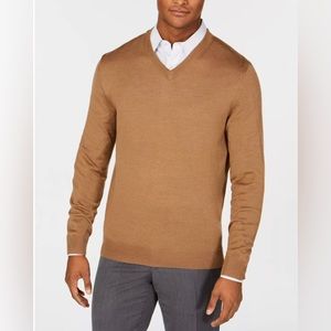 Club Room Men Brown V-Neck Ribbed Trim Merino Wool Knit Sweater Size XL